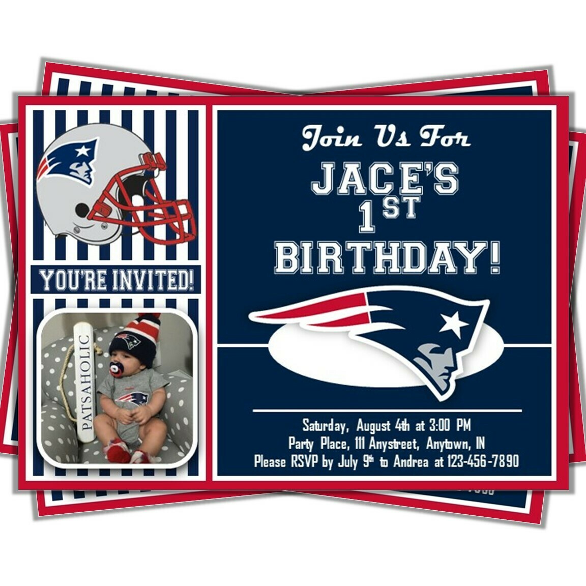 New England Patriots Photo NFL Football Birthday Invitation 5&quot;x7&quot;