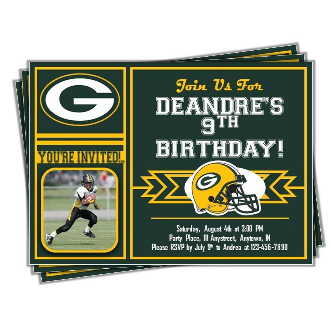 Green Bay Packers NFL Football Birthday Invitation 5x7 with pic