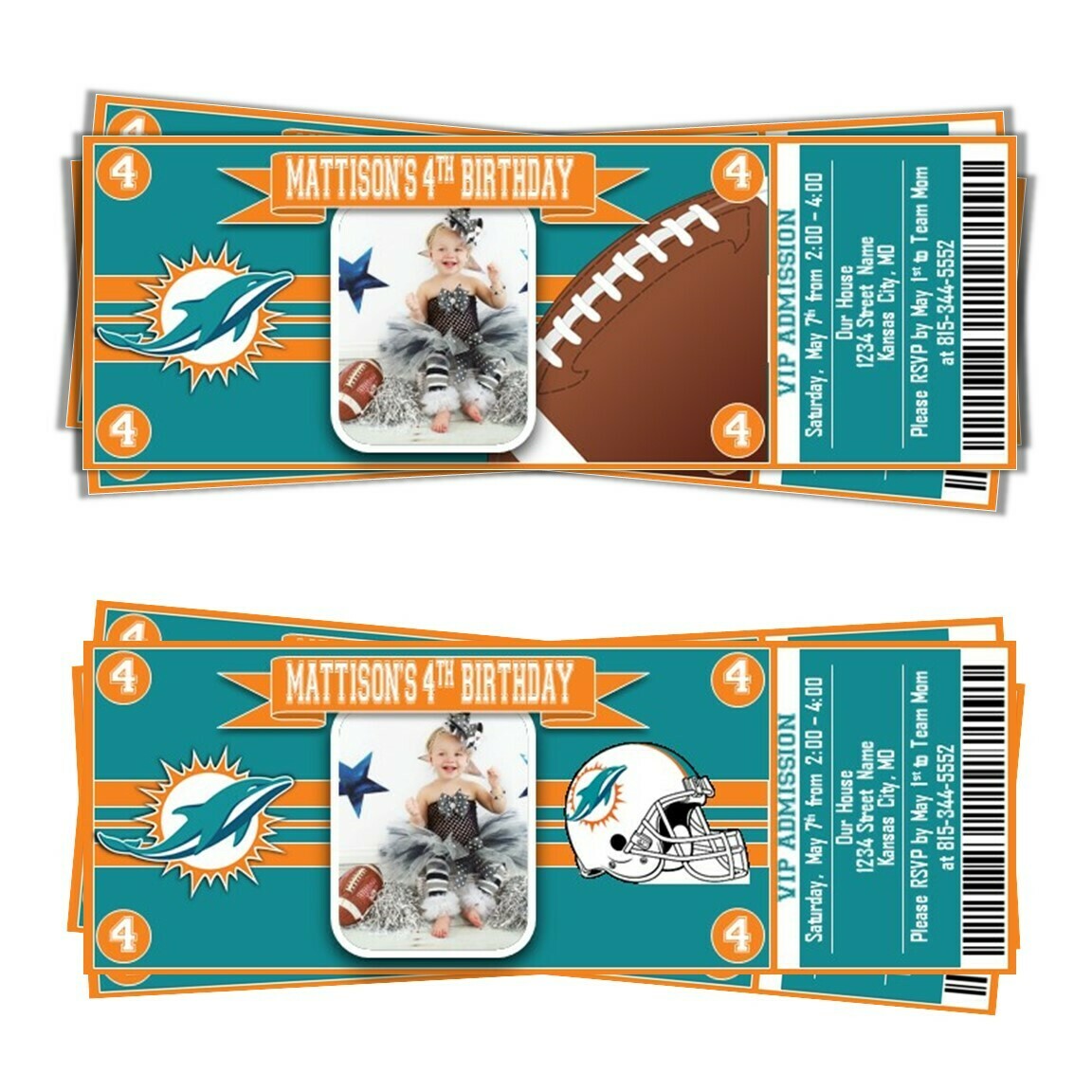 Miami Dolphins NFL Football Birthday Invitation Ticket Style