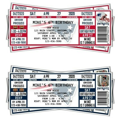 New England Patriots Vintage NFL Football Birthday Invitation Ticket Style