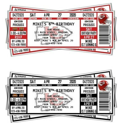 Kansas City KC Chiefs NFL Football Birthday Invitation Ticket Style