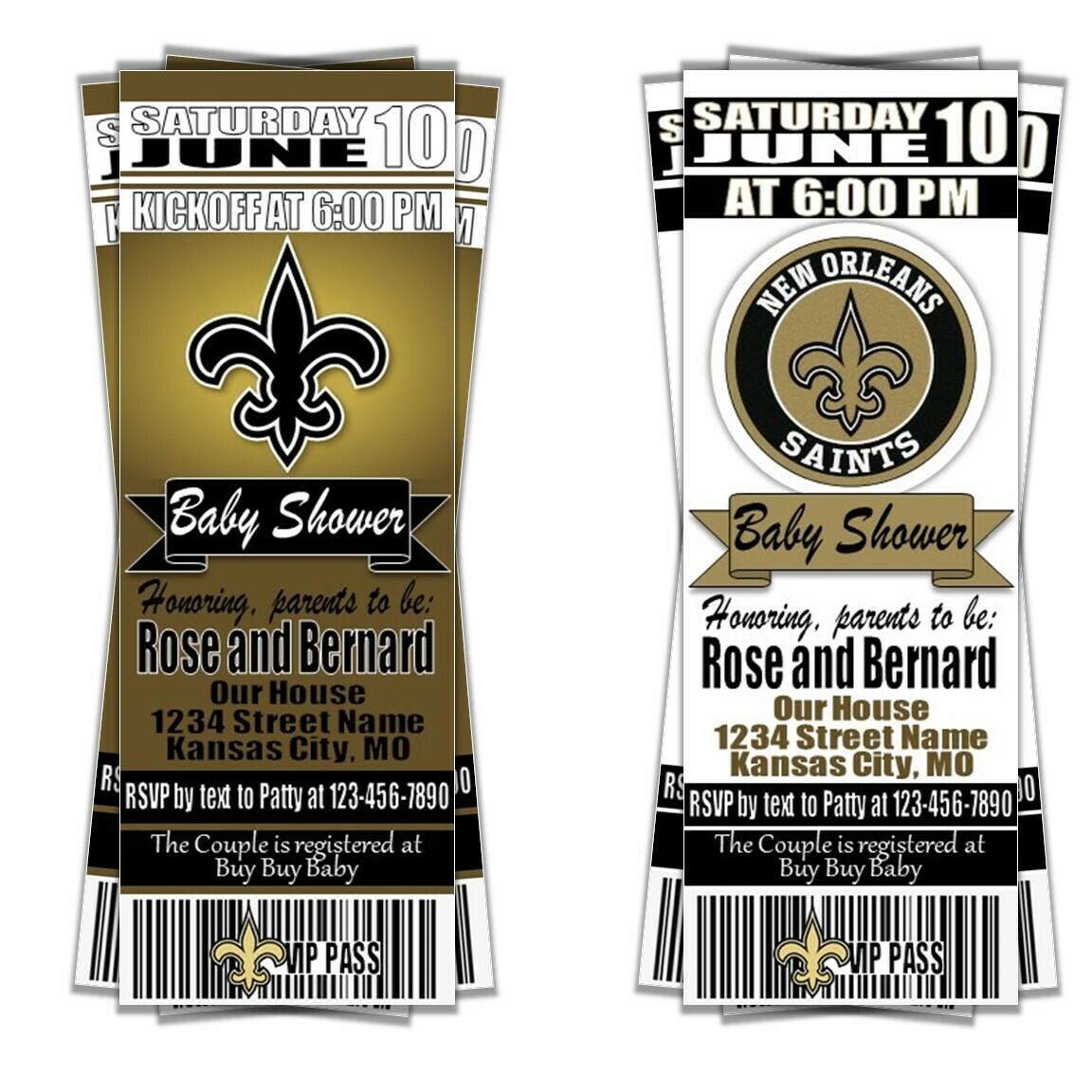 New Orleans Saints Football Baby Shower Invitation Ticket Style Baby Boy or Baby Girl