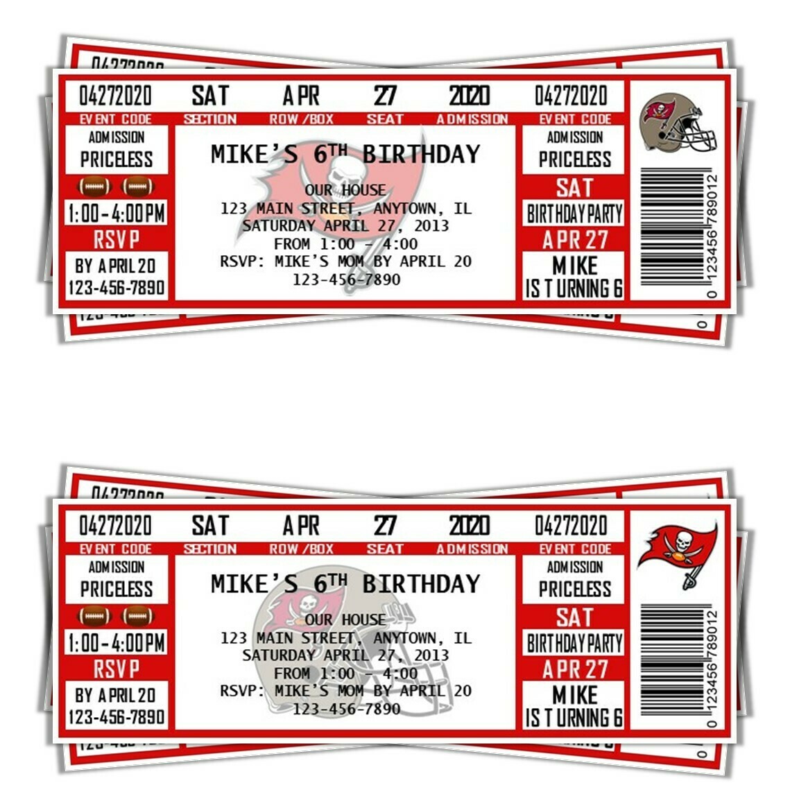 Tampa Bay Buccaneers Vintage NFL Football Birthday Invitation Ticket Style