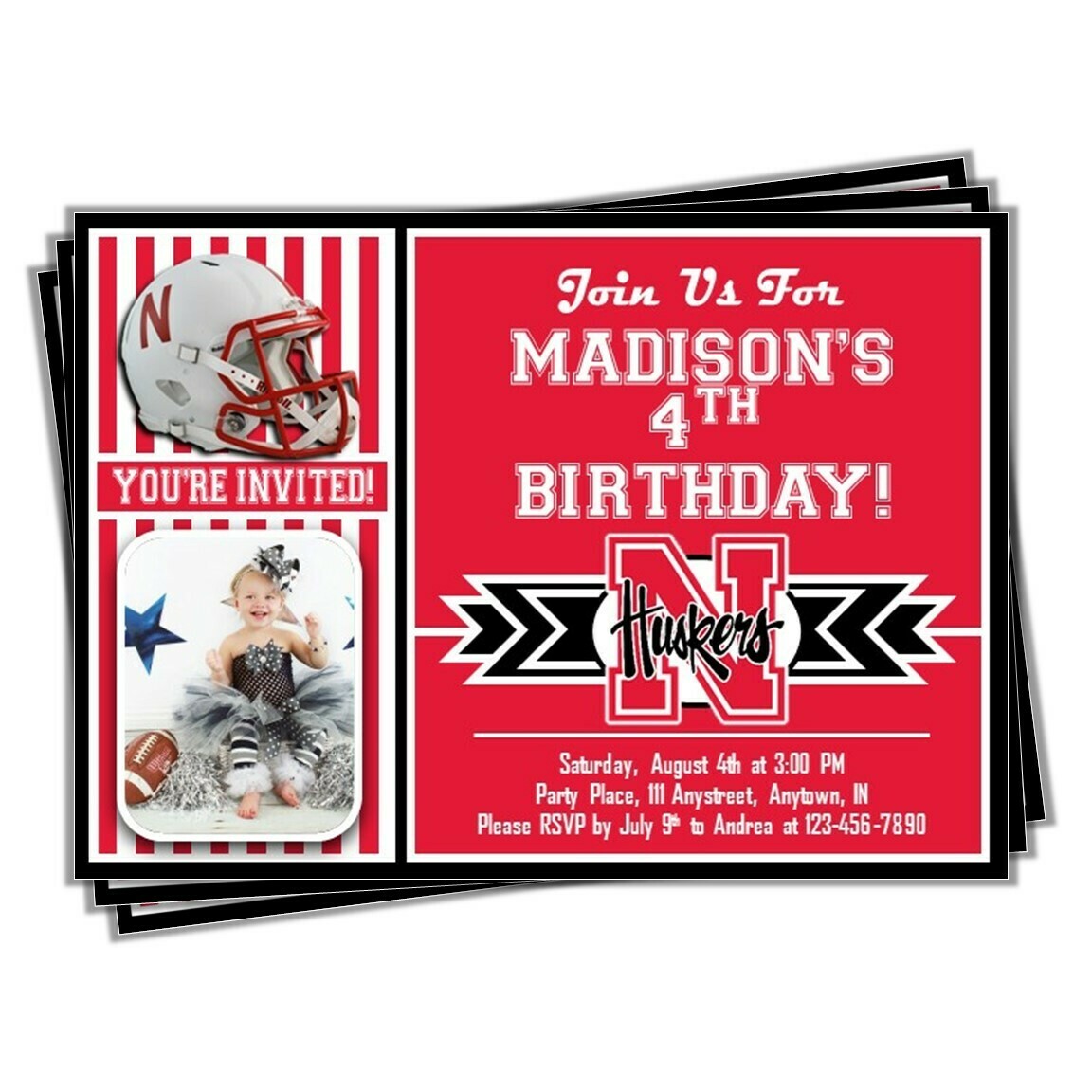 Nebraska Cornhuskers College Football Birthday Invitation 5&quot;x7&quot; with photo