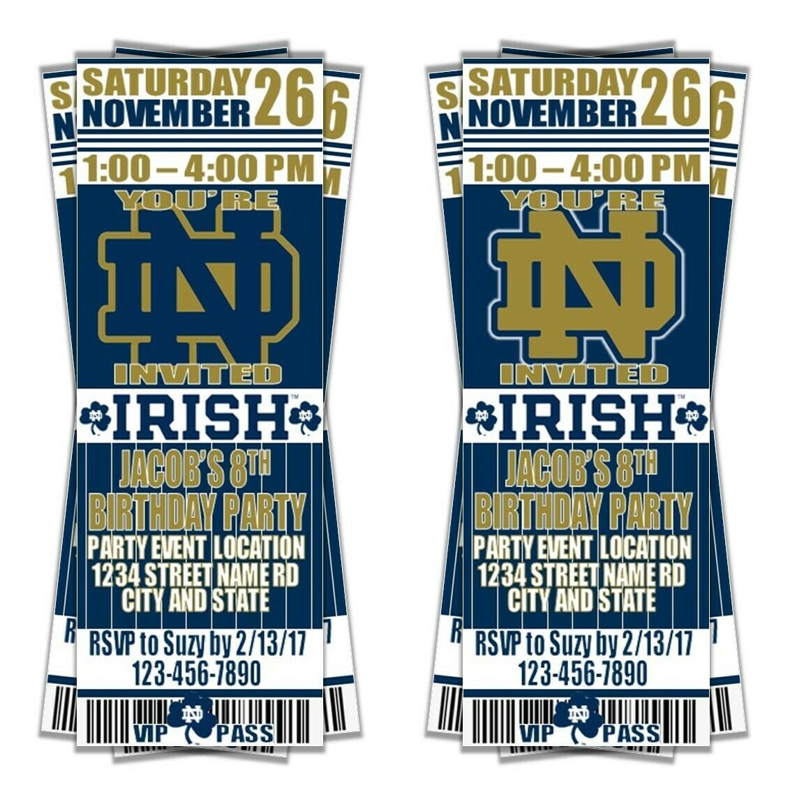 Notre Dame Fighting Irish College NCAA Birthday Invitation Ticket Style