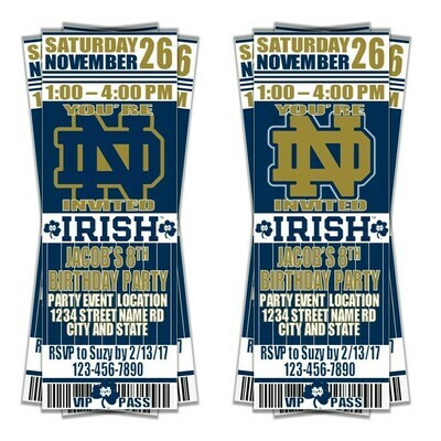 Notre Dame Fighting Irish College NCAA Birthday Invitation Ticket Style