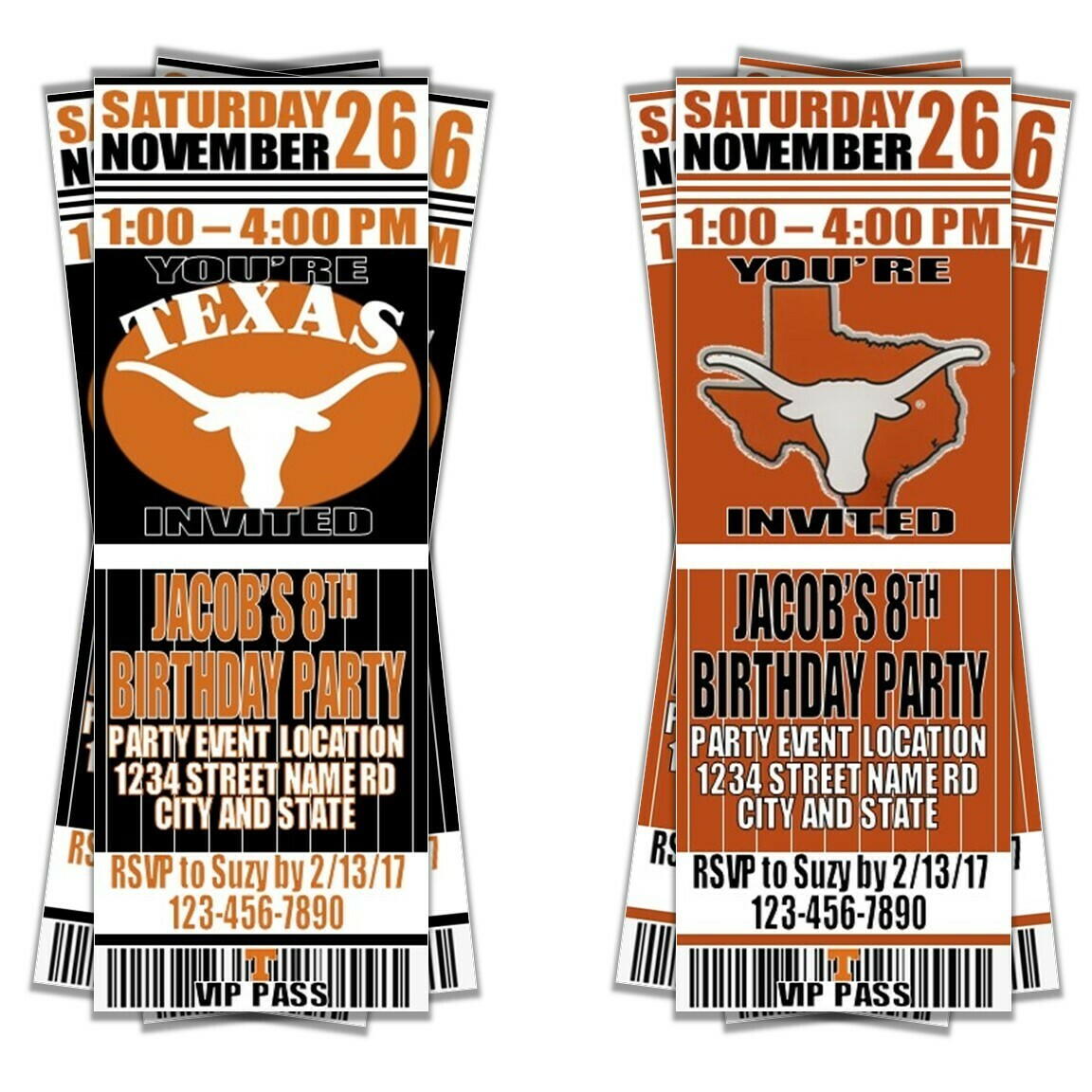 Texas Longhorns College NCAA Birthday Invitation Ticket Style