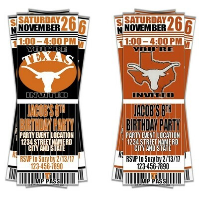 Texas Longhorns College NCAA Birthday Invitation Ticket Style