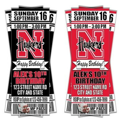 Nebraska Cornhuskers College NCAA Birthday Invitation Ticket Style