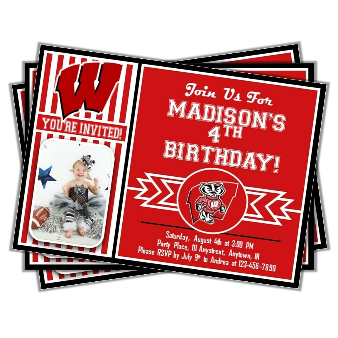 Wisconsin Badgers College Basketball Birthday Invitation 5&quot;x7&quot; with photo