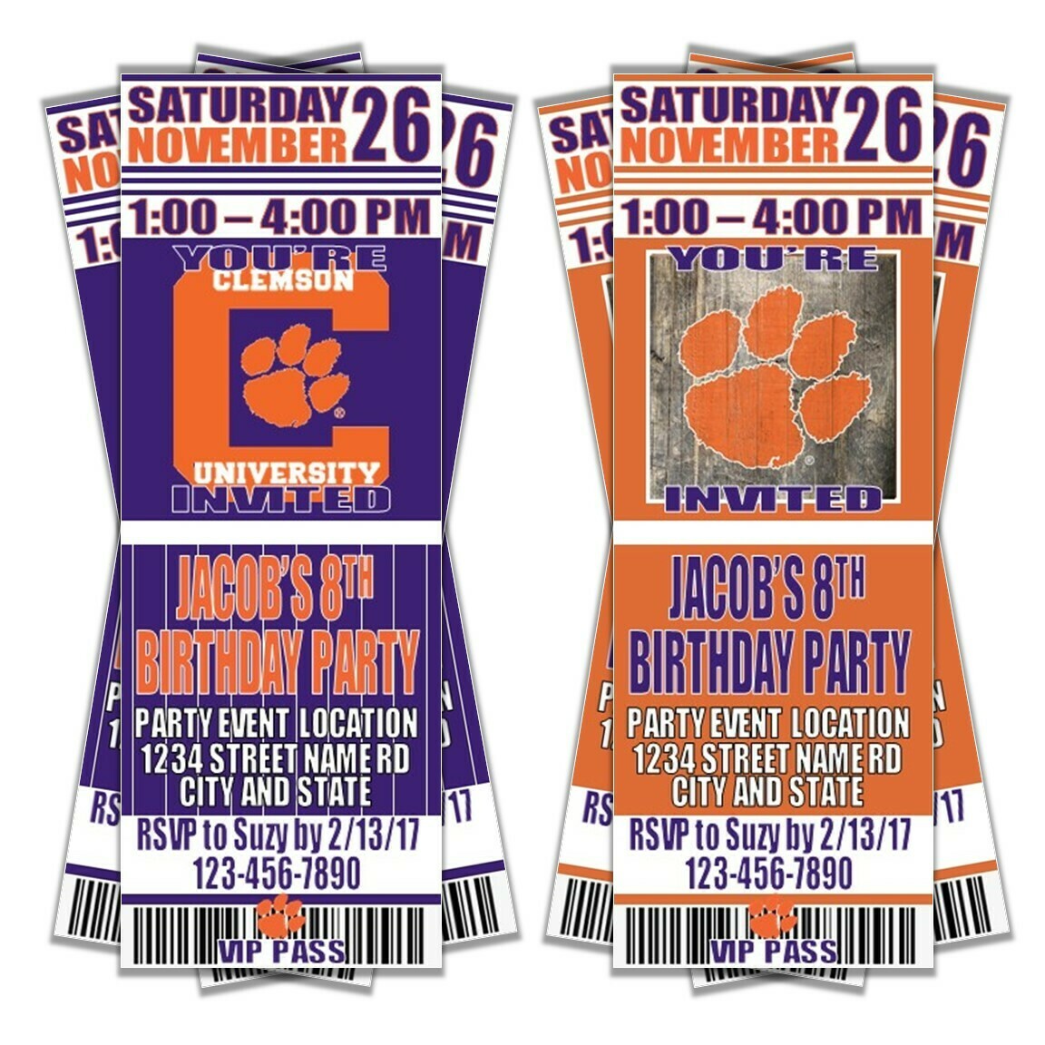 Clemson Tigers College NCAA Birthday Invitation Ticket Style