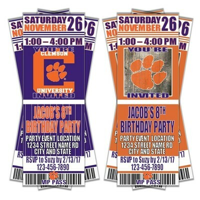 Clemson Tigers College NCAA Birthday Invitation Ticket Style