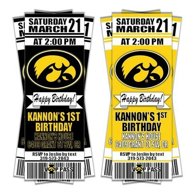Iowa Hawkeyes College NCAA Birthday Invitation Ticket Style