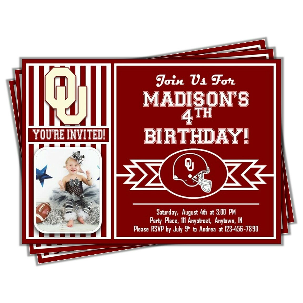 Oklahoma Sooners OU College Basketball Birthday Invitation 5&quot;x7&quot; with photo