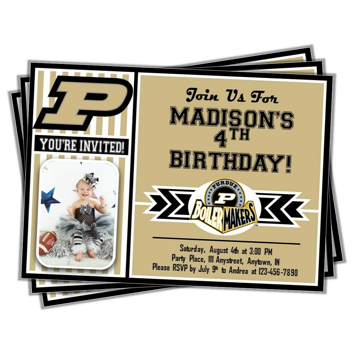 Purdue Boilermakers College Basketball Birthday Invitation 5&quot;x7&quot; with photo