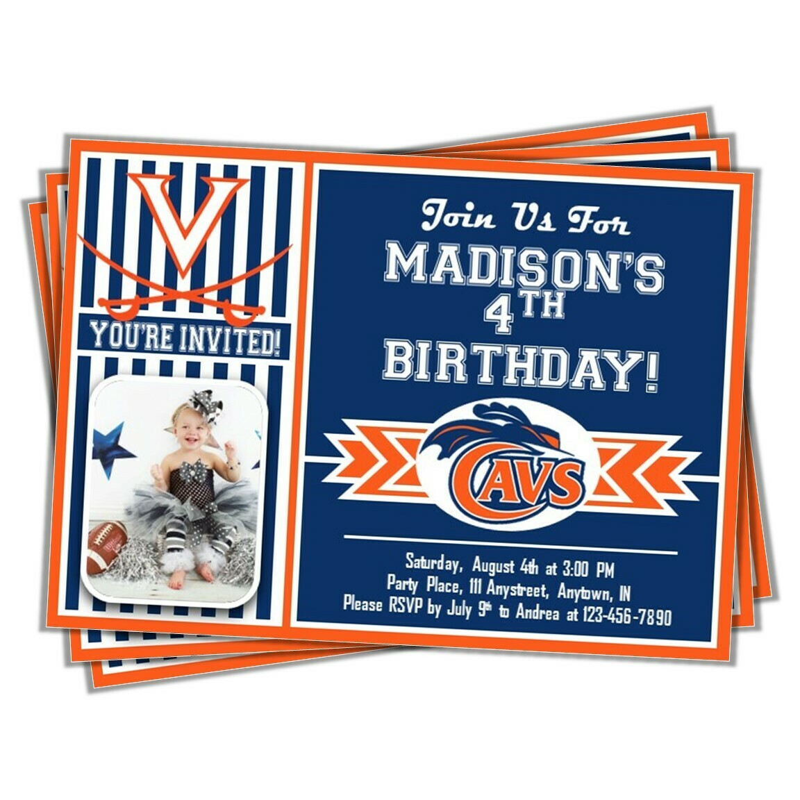 Virginia Cavaliers College Basketball Birthday Invitation 5&quot;x7&quot; with photo