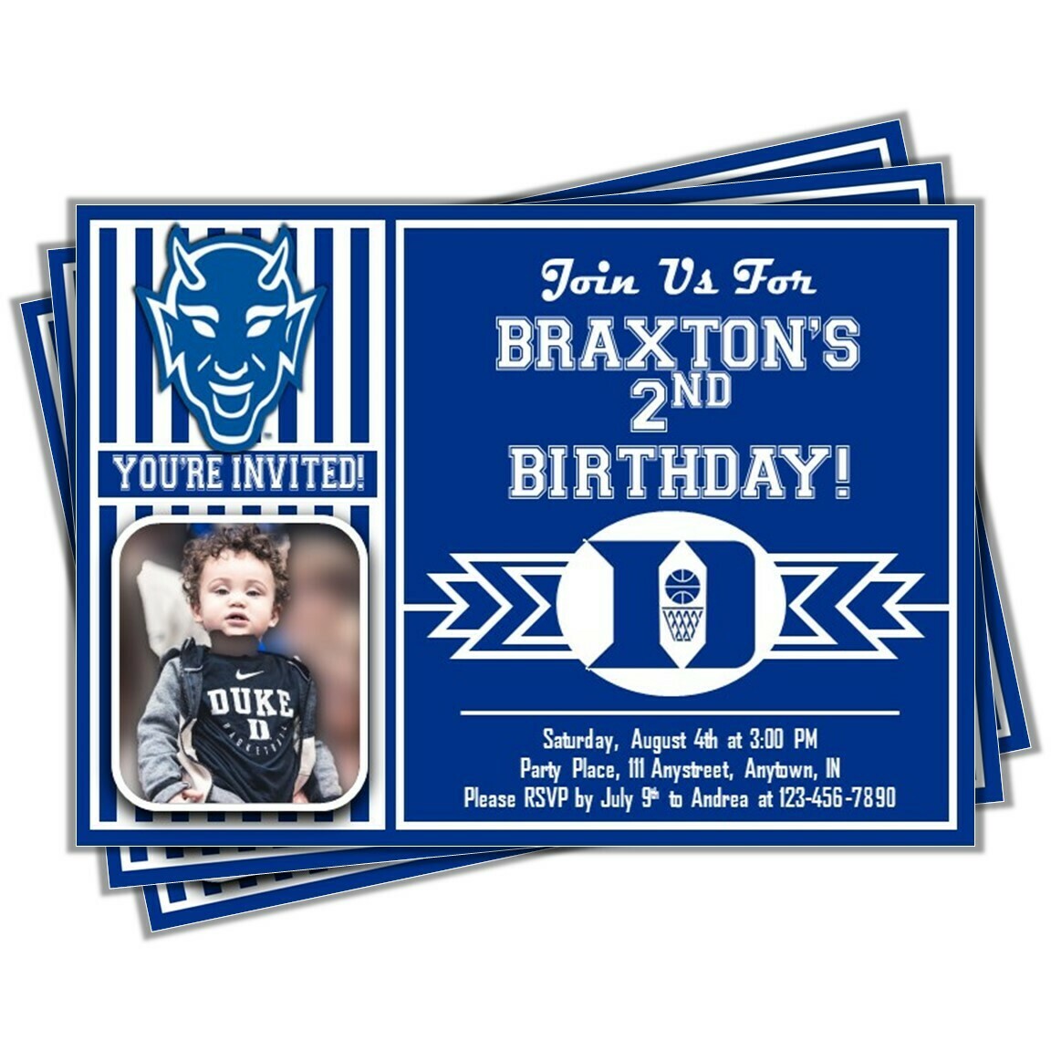 Duke Blue Devils College basketball Birthday Invitation 5&quot;x7&quot; with photo