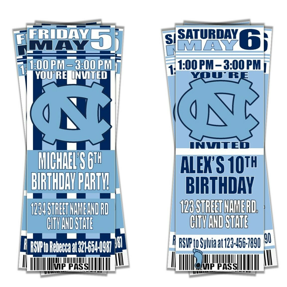 North Carolina Tar Heels UNC NCAA Birthday Invitation Ticket Style