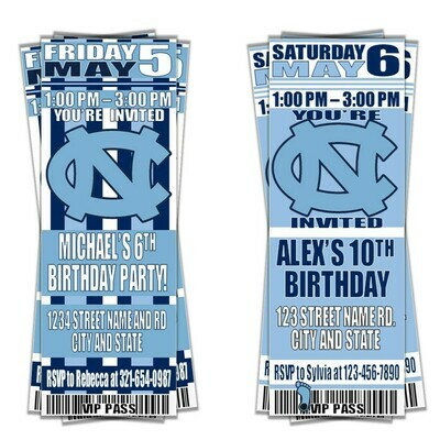 North Carolina Tar Heels UNC NCAA Birthday Invitation Ticket Style