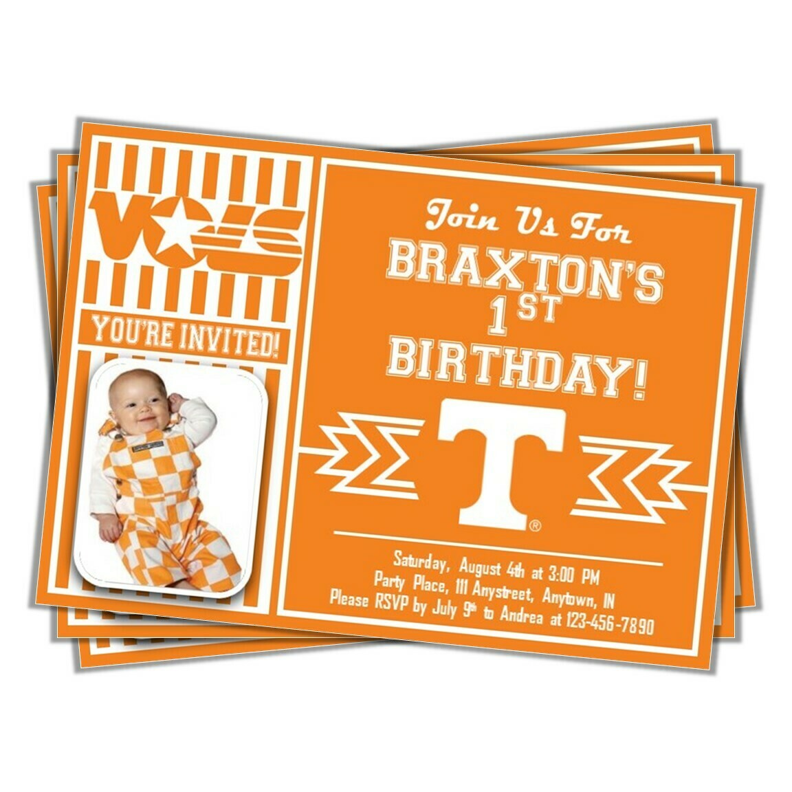 Tennessee Volunteers UT Vols College Basketball Birthday Invitation 5&quot;x7&quot; with photo