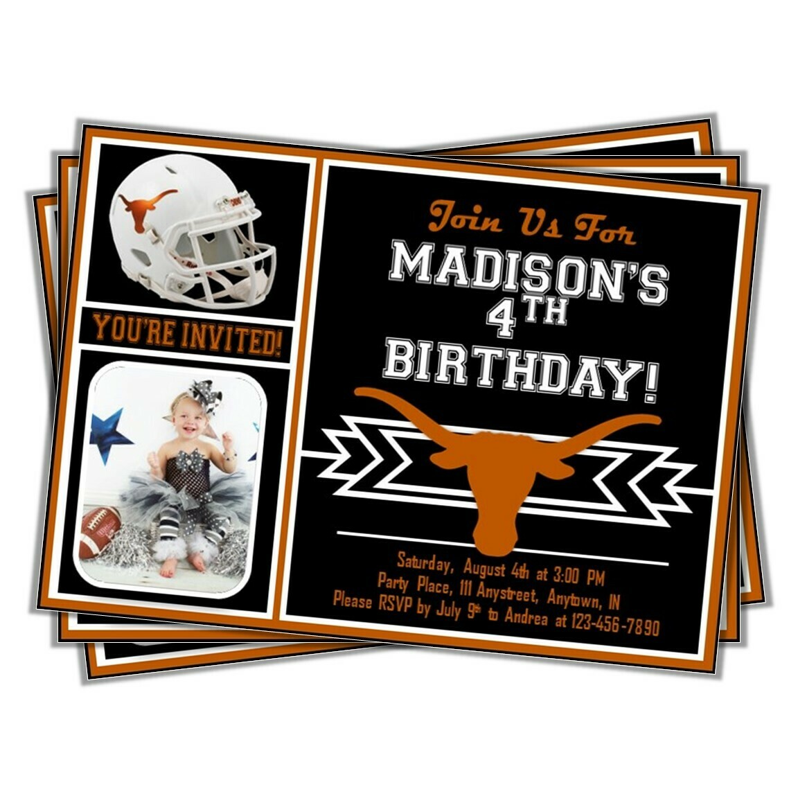 Texas Longhorns College Football Birthday Invitation 5&quot;x7&quot; with photo