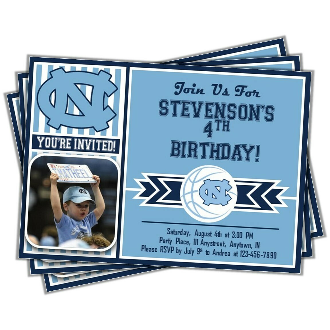 UNC North Carolina Tar Heels College Basketball Birthday Invitation 5&quot;x7&quot; with photo