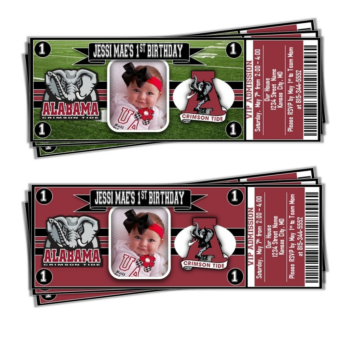 Alabama Crimson Tide RollTide NCAA College Football Birthday Invitation Ticket Style