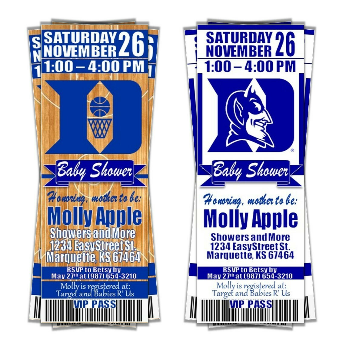 Duke Blue Devils Baby Shower Invitation Ticket Style