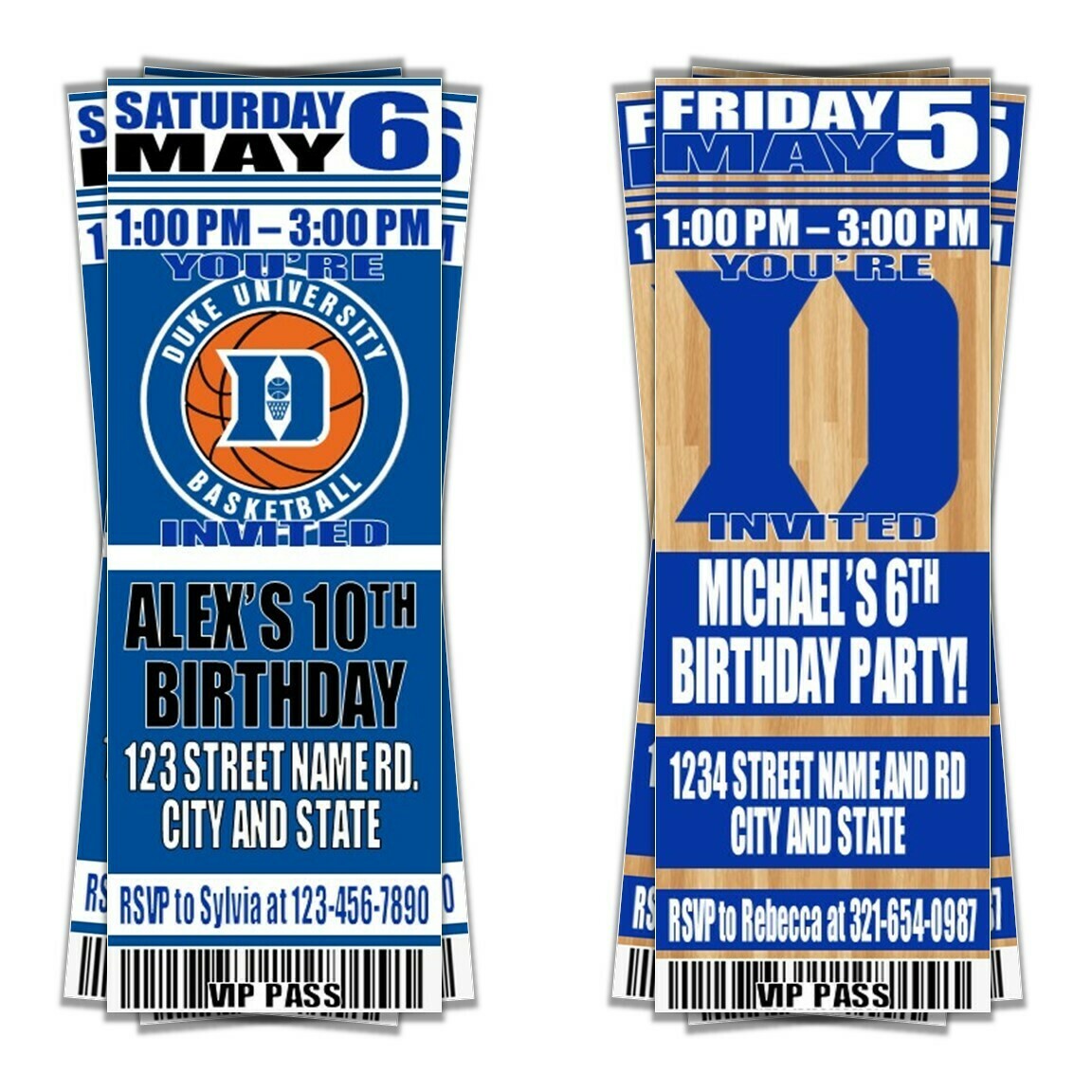 Duke Blue Devils College NCAA Birthday Invitation Ticket Style