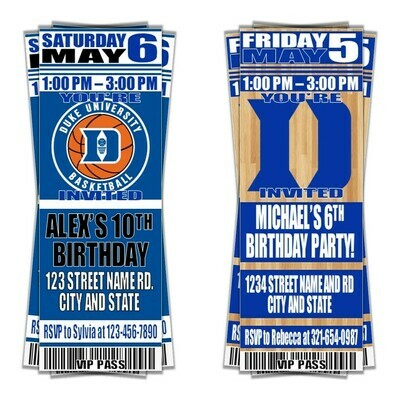 Duke Blue Devils College NCAA Birthday Invitation Ticket Style
