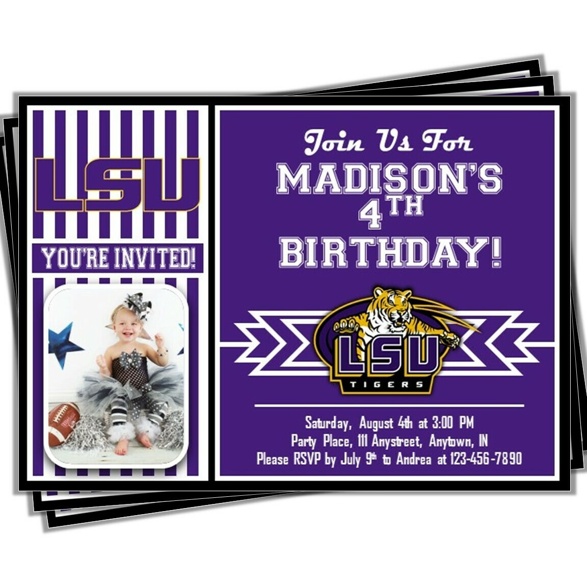 LSU Tigers College Football Birthday Invitation 5&quot;x7&quot; with photo