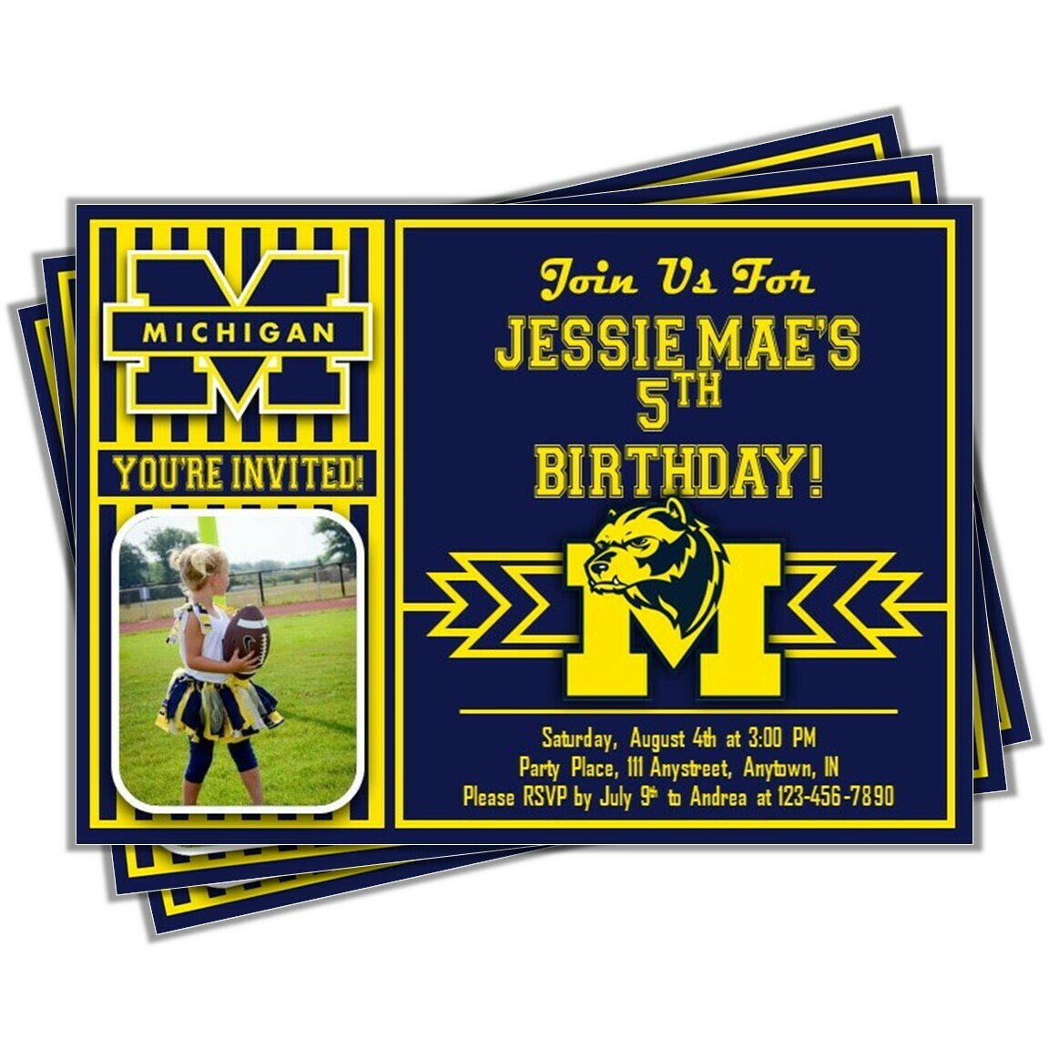 Michigan Wolverines College Football Basketball Birthday Invitation 5&quot;x7&quot; with photo