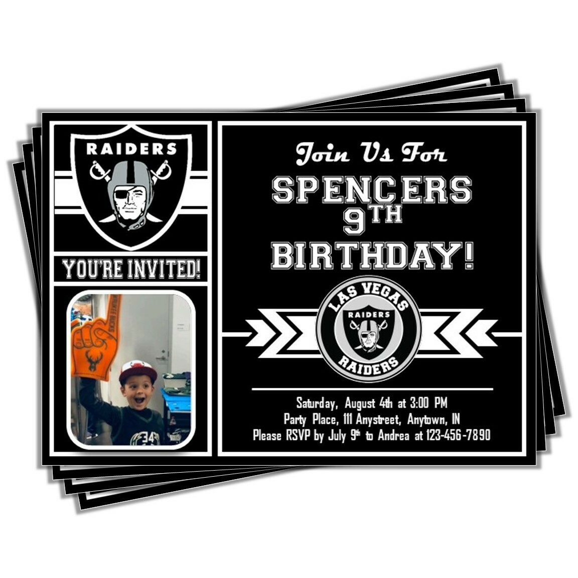Las Vegas Raiders Photo NFL Football Birthday Invitation 5&quot;x7&quot;