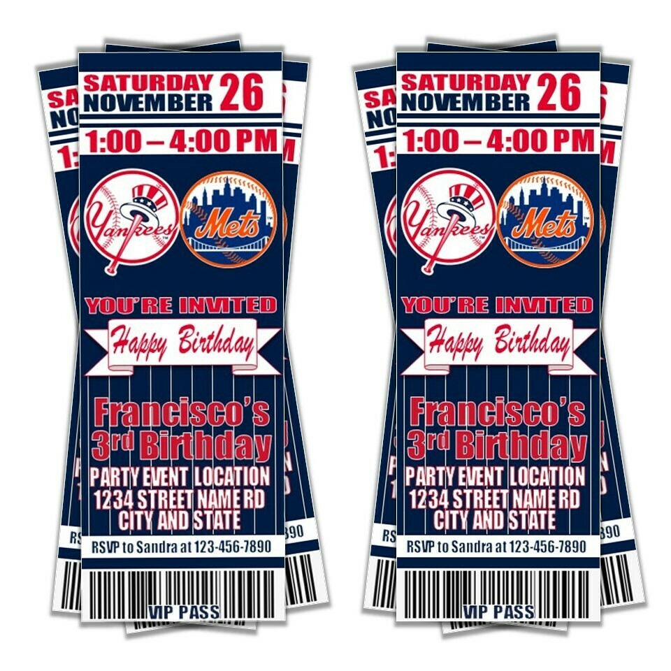 SUBWAY SERIES New York Yankees / Mets Birthday Invitation Ticket Style