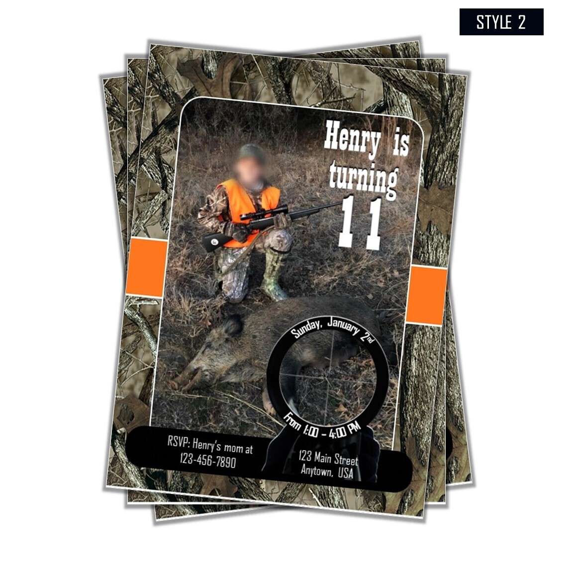 Hunting themed Birthday Party Invitation 5x7 Hog
