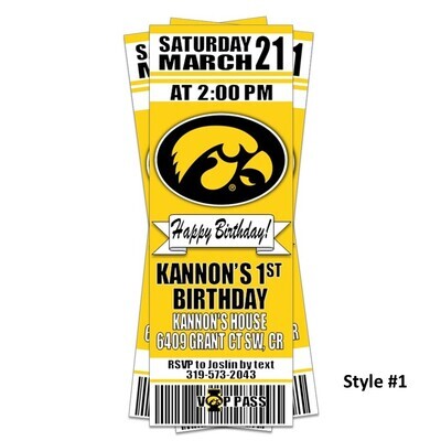 Iowa Hawkeyes College NCAA Birthday Invitation Ticket Style