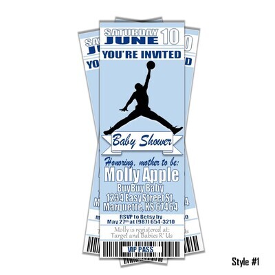 Jumpman MJ Jordan Nike Baby Shower NBA Basketball Ticket Invitation invite