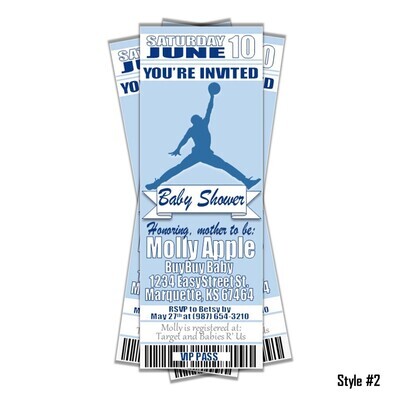 Jumpman MJ Jordan Nike Baby Shower NBA Basketball Ticket Invitation invite