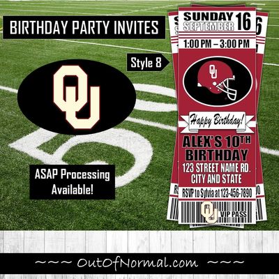 Oklahoma Sooners OU College NCAA Birthday Invitation Ticket Style