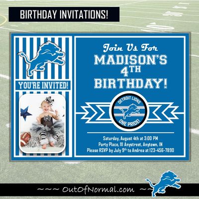 Detroit Lions Photo NFL Football Birthday Invitation 5&quot;x7&quot;