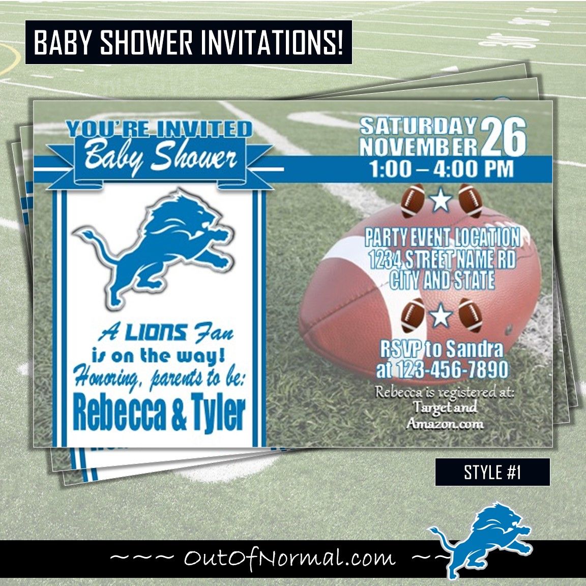 Detroit Lions NFL Football Baby Shower Invitation 4&quot;x6&quot;