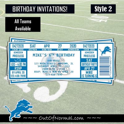 Detroit Lions NFL Football Birthday Invitation Ticket Style