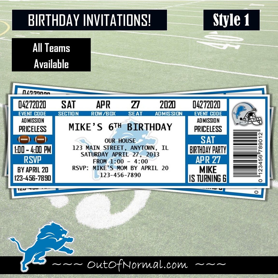 Detroit Lions NFL Football Birthday Invitation Ticket Style