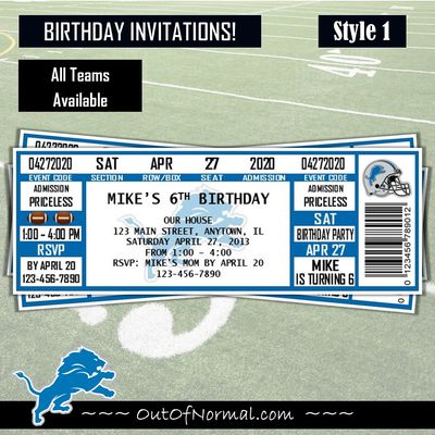 Detroit Lions NFL Football Birthday Invitation Ticket Style