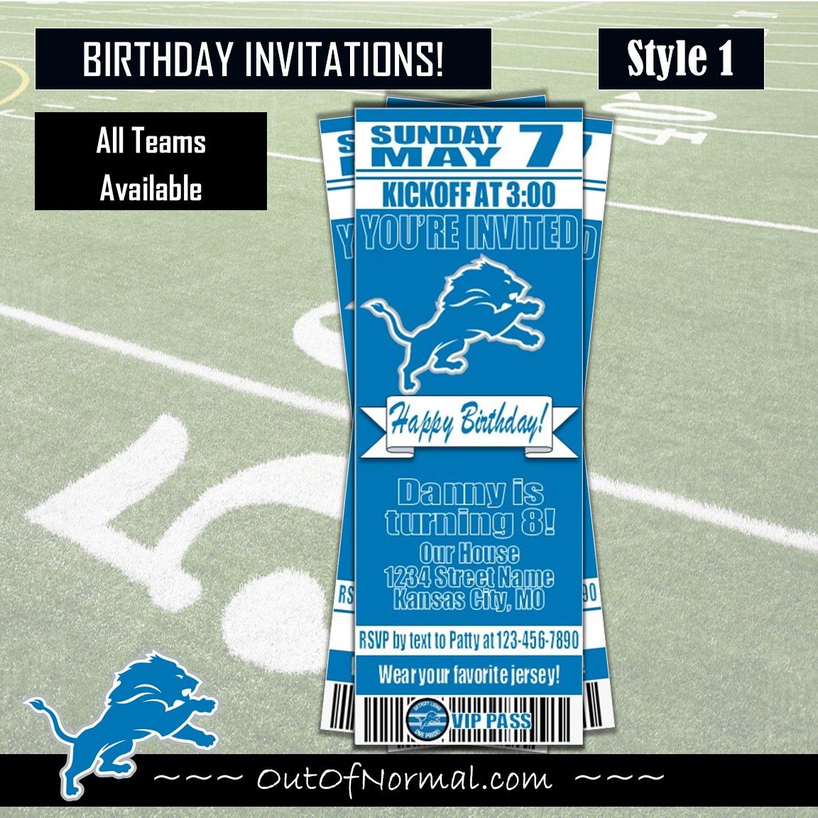 Detroit Lions NFL Football Birthday Invitation Ticket Style