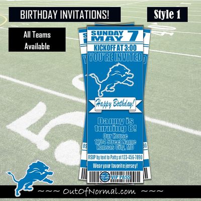 Detroit Lions NFL Football Birthday Invitation Ticket Style