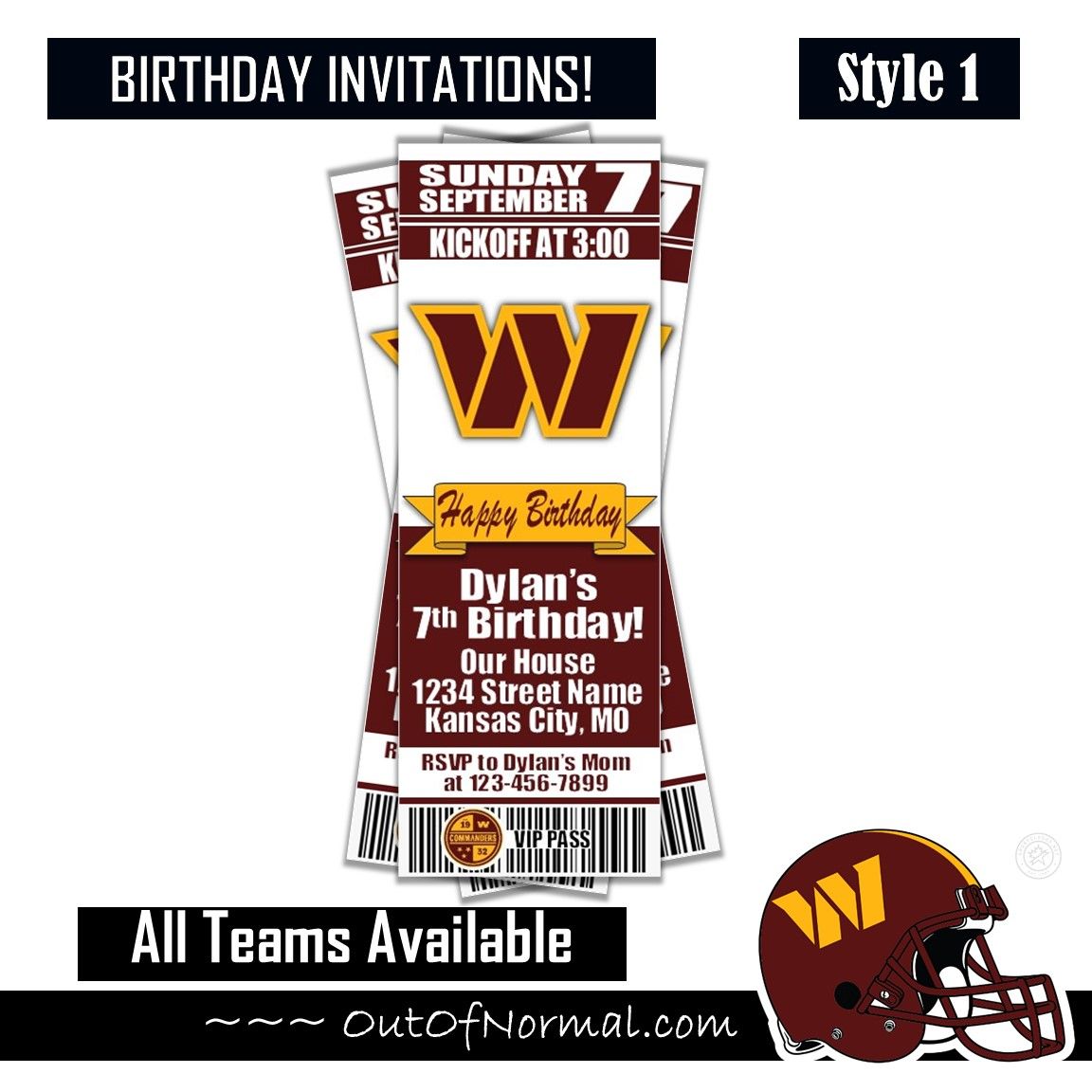 Washington Commanders NFL Football Birthday Invitation Ticket Style