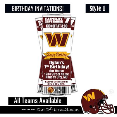 Washington Commanders NFL Football Birthday Invitation Ticket Style