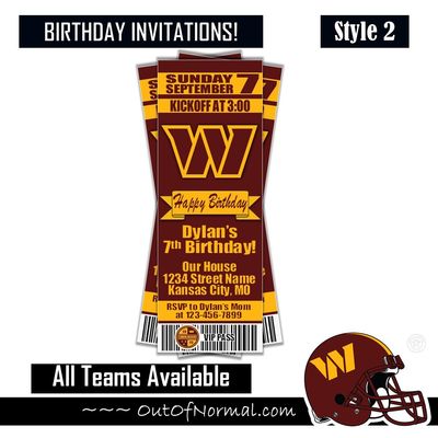 Washington Commanders NFL Football Birthday Invitation Ticket Style