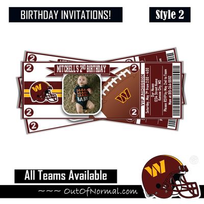 Washington Commanders NFL Football Birthday Invitation Ticket Style Jayden Daniels